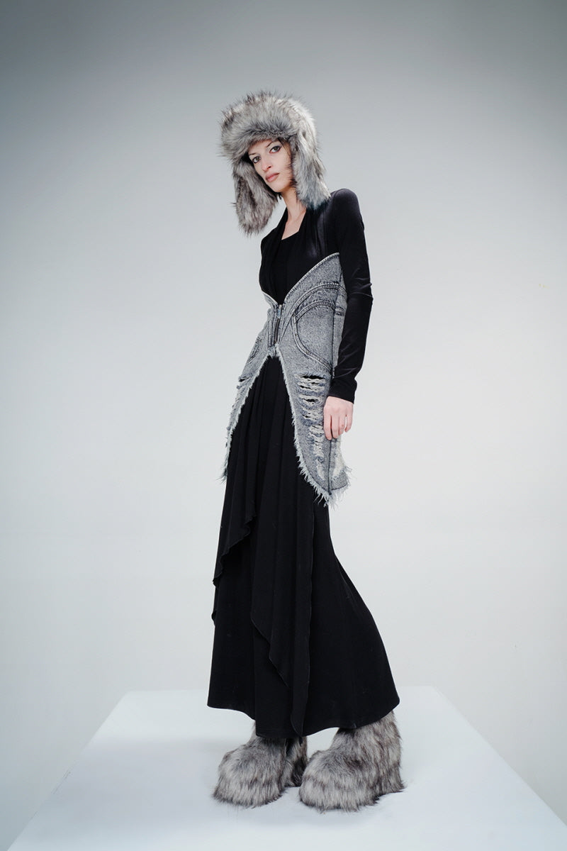 Denim-Accent Long Flow Gown with Wrap Details - Black