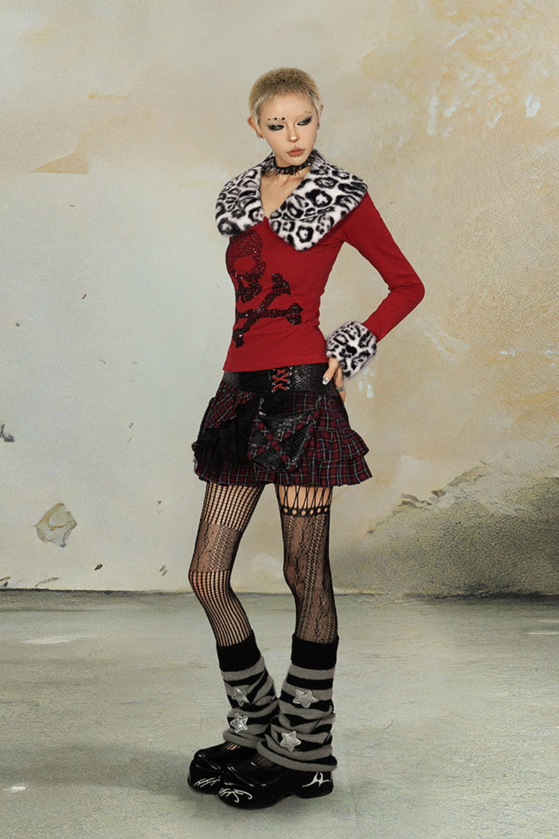 Dual Plaid Patchwork Leather Mini Skirt