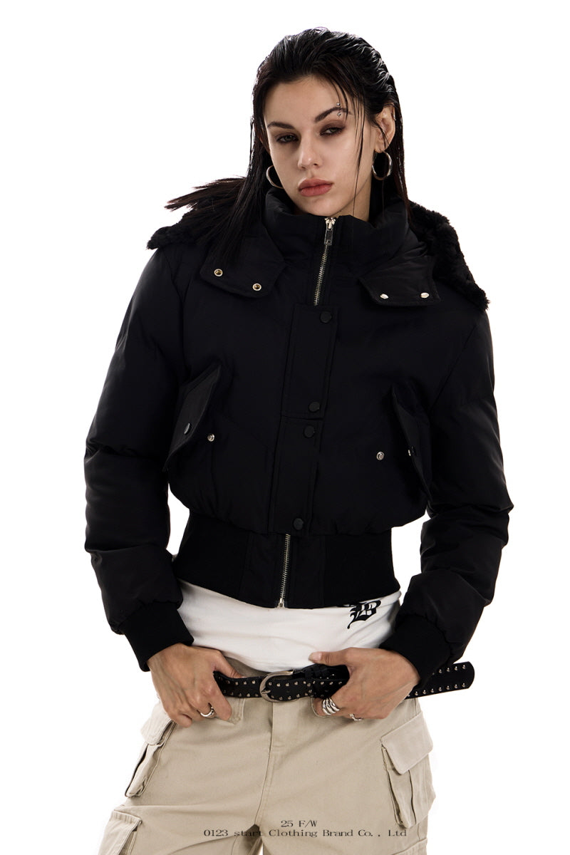 Frostbound Cropped Fur-Hood Jacket - Black