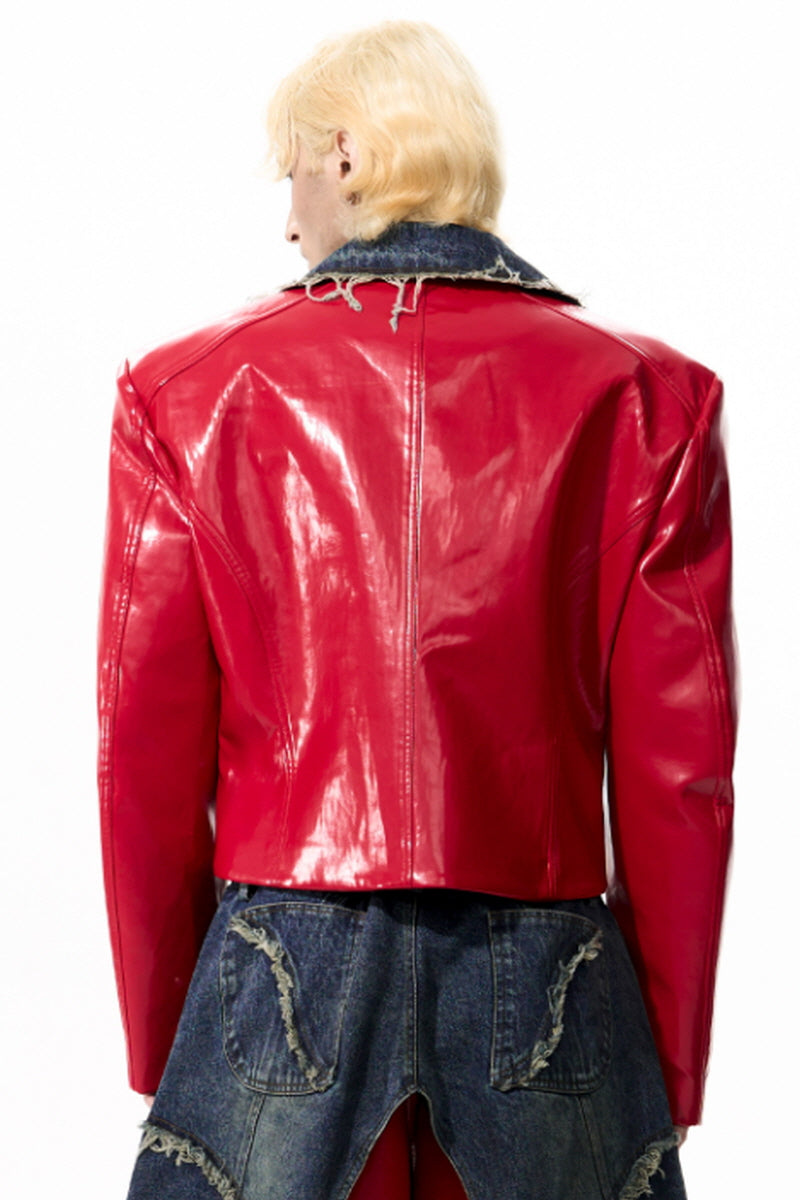 Raw Riot Denim-Panel Cropped Leather Jacket - Red