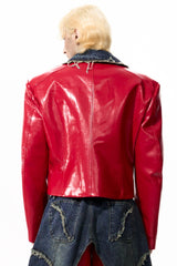 Raw Riot Denim-Panel Cropped Leather Jacket - Red