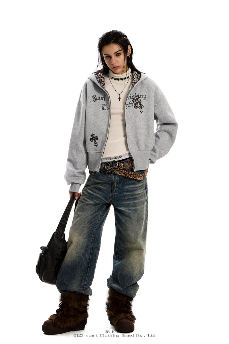 Leopard Crest Cropped Hoodie - Gray