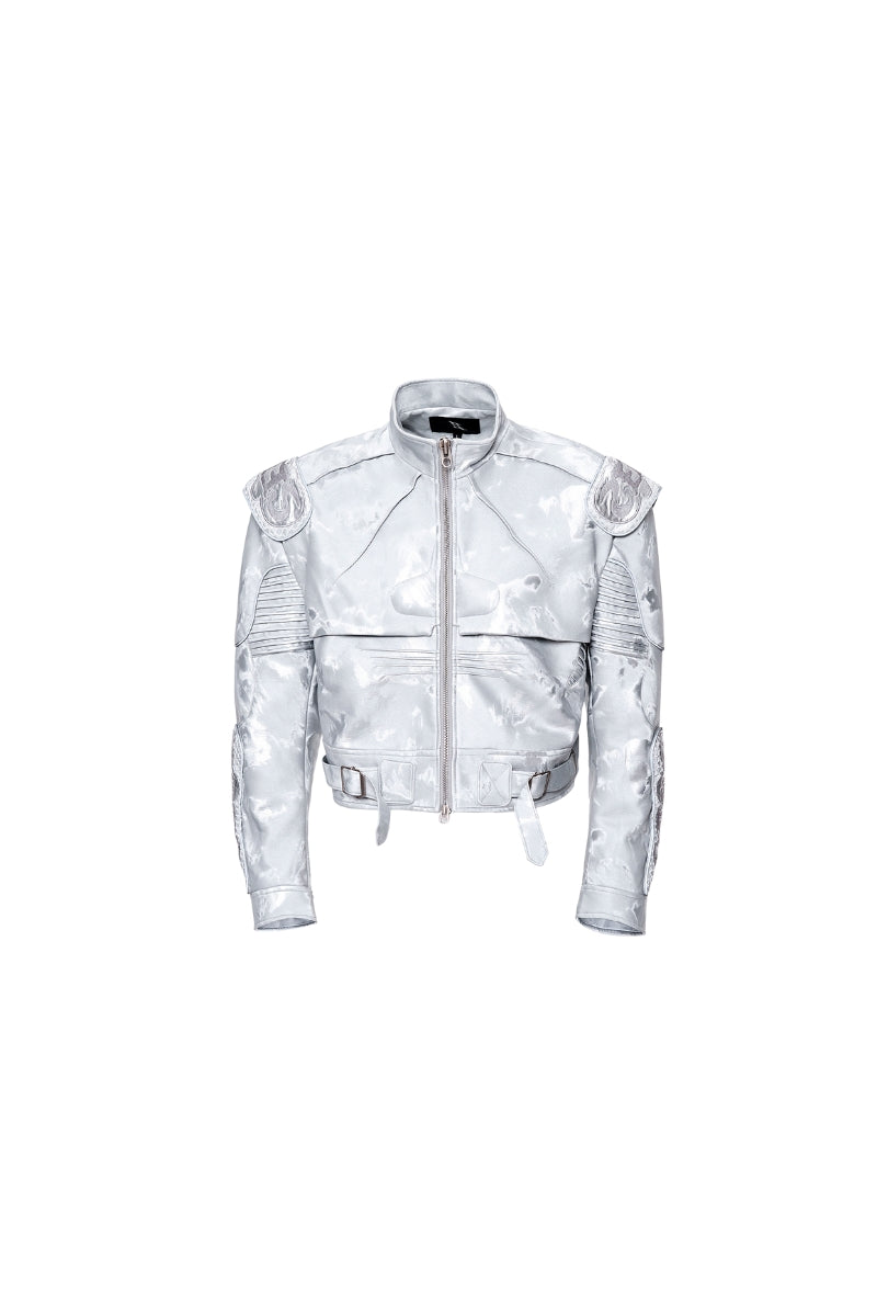 Obsidian Edge Cropped Biker Leather Jacket - Silver