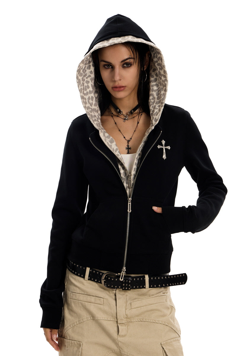 Leopard Lined Cross Zip Hoodie