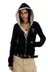 Leopard Lined Cross Zip Hoodie