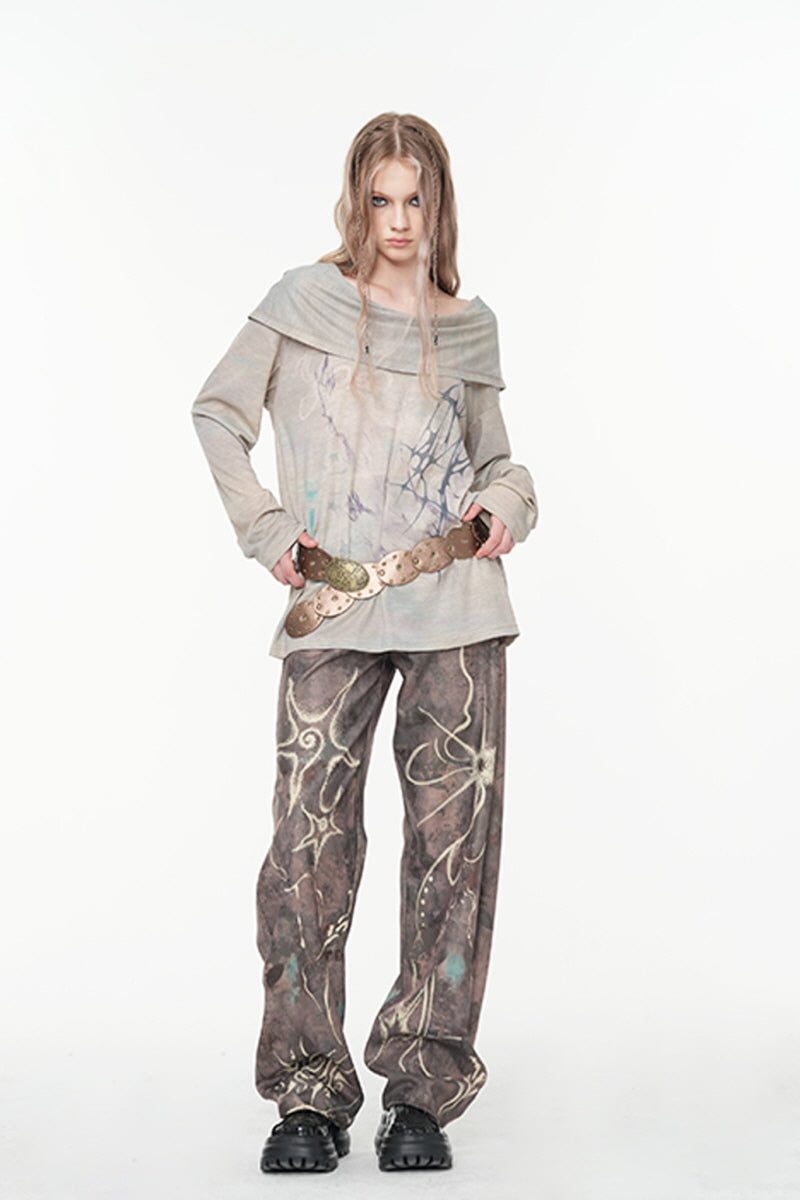 Ethereal Rust Abstract Printed Wide-Leg Pants