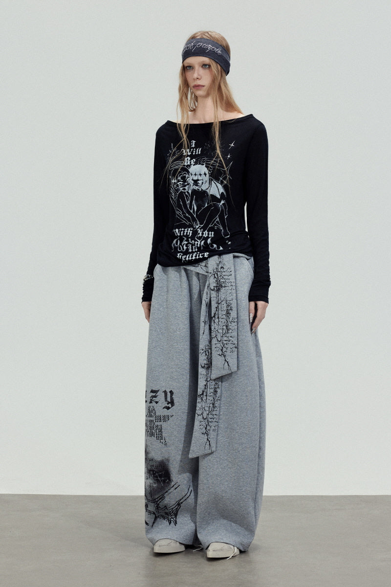 Graphic Tie Wide Sweatpants - Gray