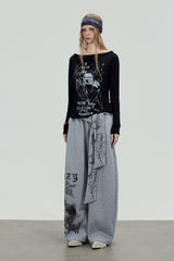 Graphic Tie Wide Sweatpants - Gray