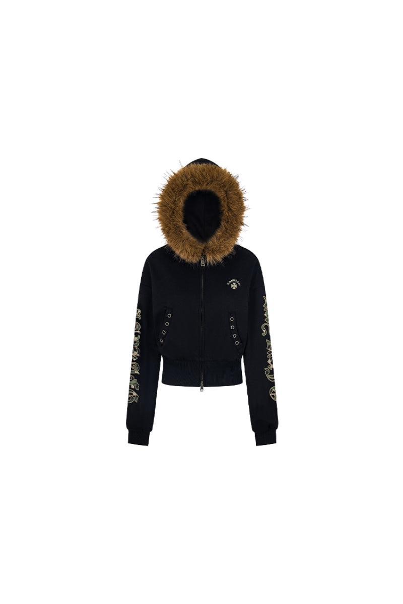 Fur-Trim Rebel Crop Hoodie -Black