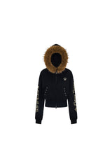 Fur-Trim Rebel Crop Hoodie -Black