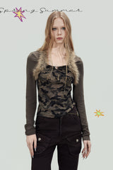 Fur Trim Camo Slim Top