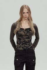 Fur Trim Camo Slim Top