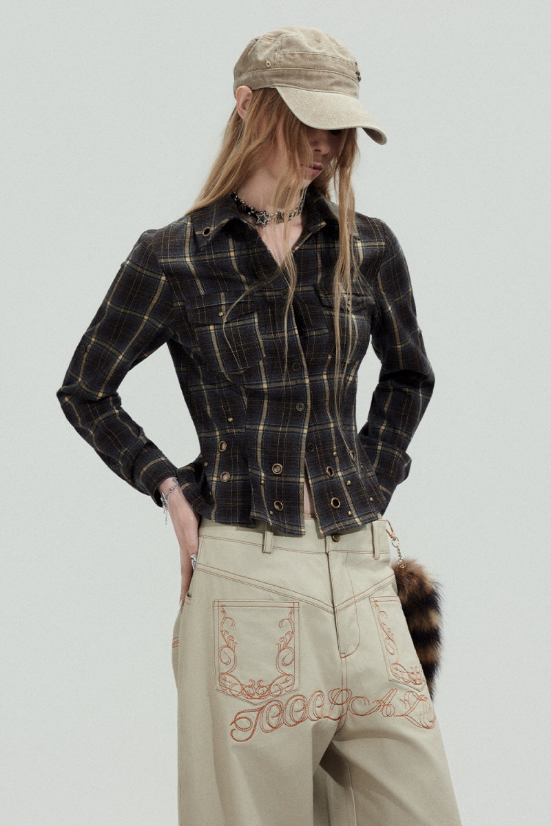 Dark Plaid Cropped Slim Shirt