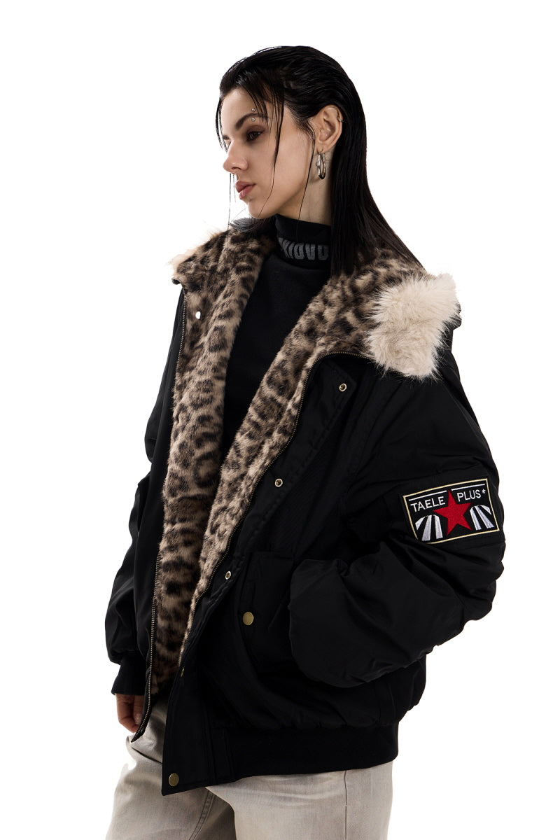 Leopard-Lined Urban Fur Hooded Bomber Jacket