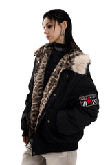 Leopard-Lined Urban Fur Hooded Bomber Jacket