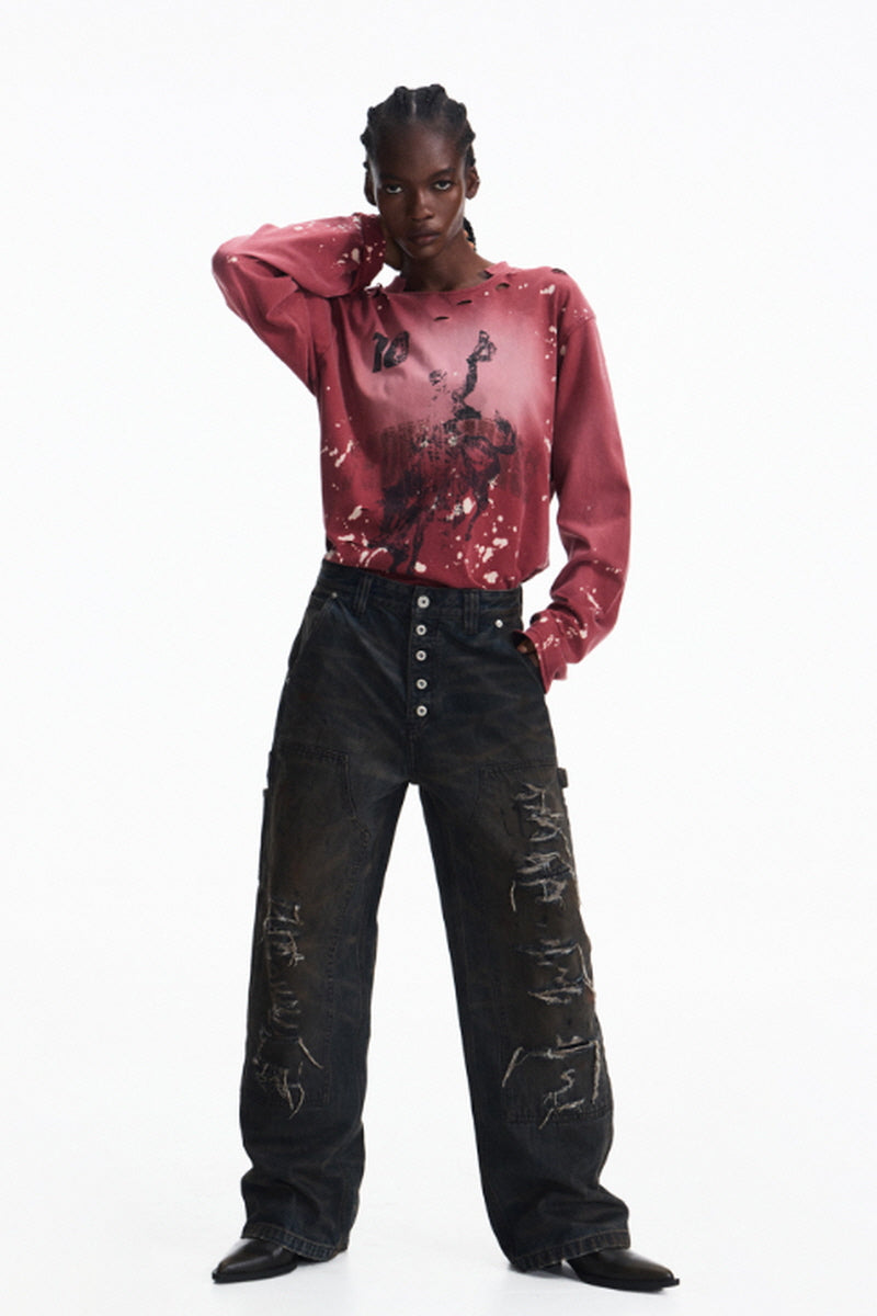 Paint-Splatter Graphic Long Sleeve T-Shirt