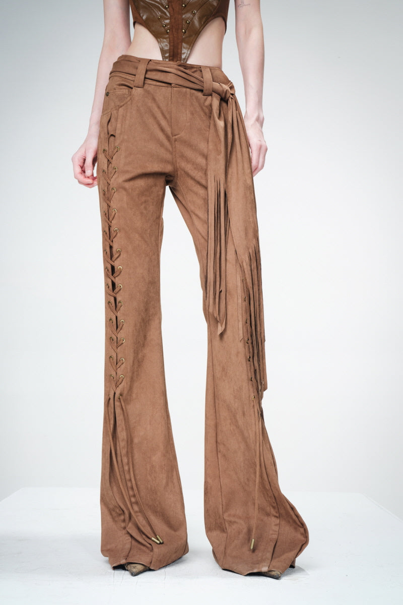 Lace-Up Fringe Flare Pants