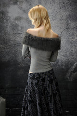 Fur Trim Off-Shoulder Top - Gray