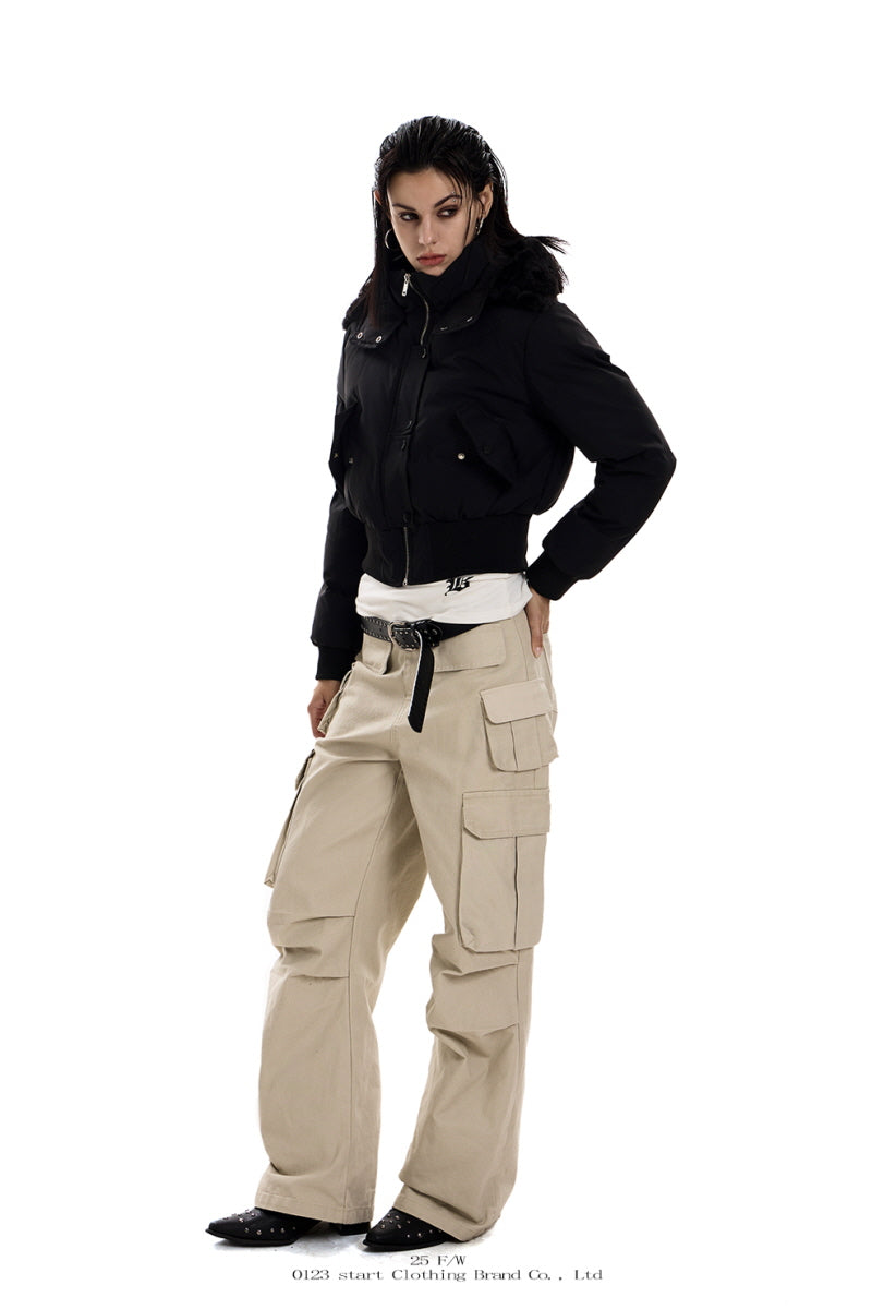 Frostbound Cropped Fur-Hood Jacket - Black