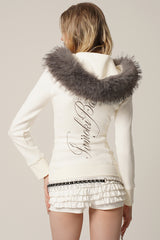 Fur Trimmed Elegance Hoodie Jacket - White