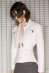 Cropped Leather Jacket with Waist Seal Two-Piece Set White