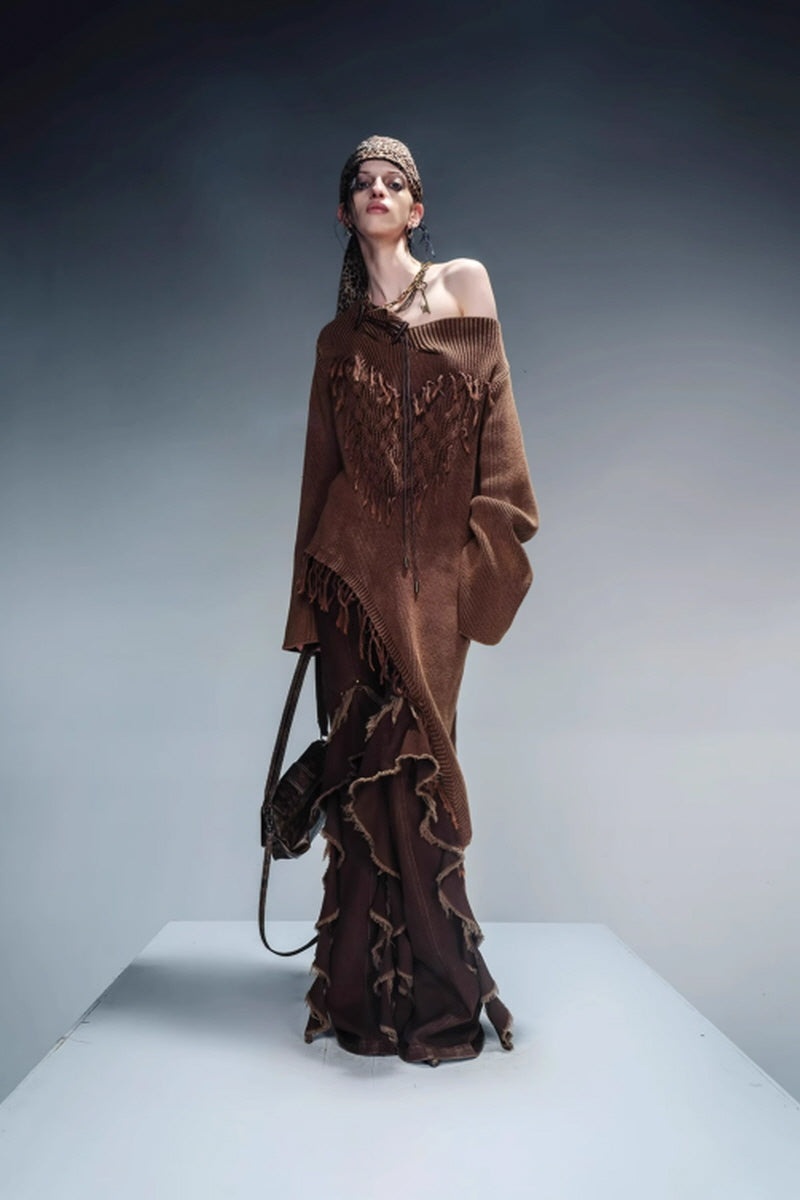 Bohemian Spirit Asymmetrical Fringe Sweater-Brown