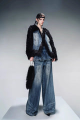 Pleated Overlayer Denim Wide-Leg Pants-Blue