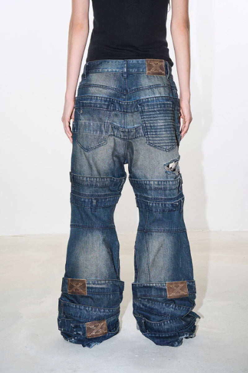 Multi-Band Distressed Bootcut Denim Pants