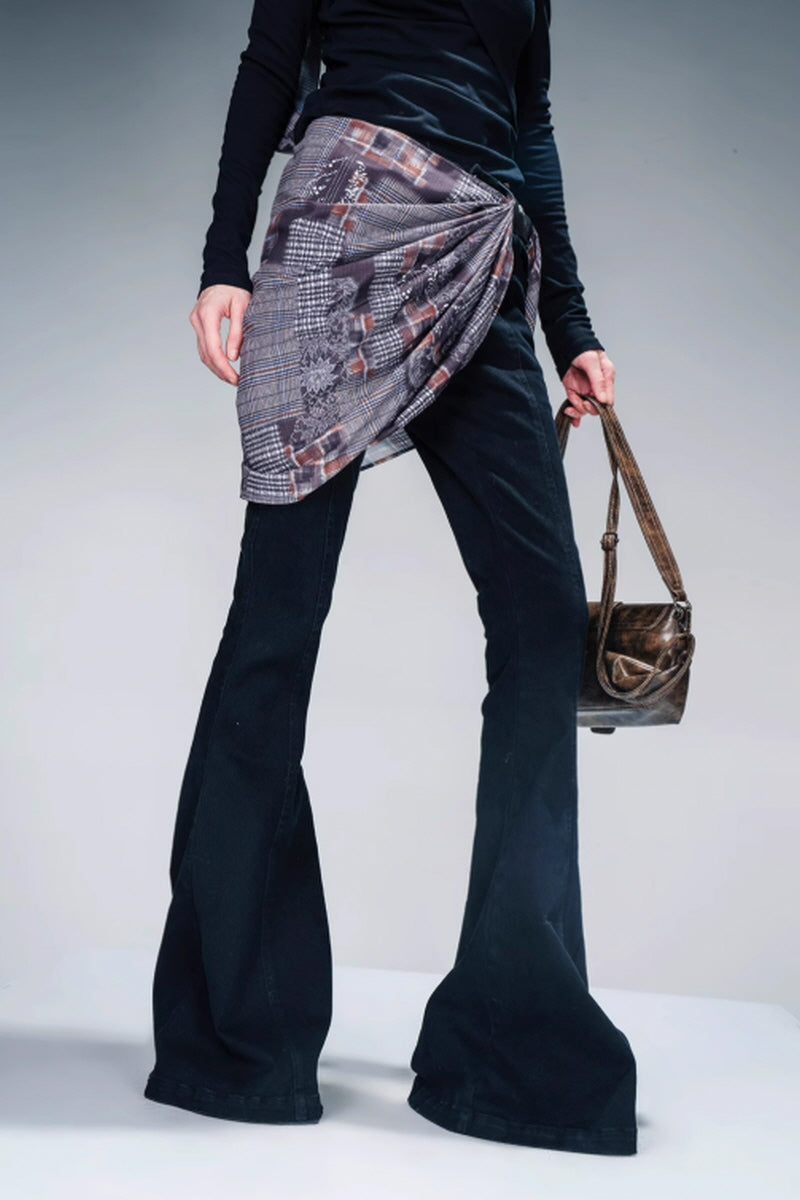 Velvet Whisper Layered Bootcut Pants (Including Silk Scarf) - Black