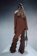 Bohemian Spirit Asymmetrical Fringe Sweater-Brown