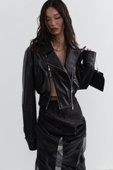 Noir Edge: High-Waist Cut-Out Leather Biker Jacket