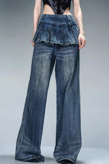 Pleated Overlayer Denim Wide-Leg Pants-Blue