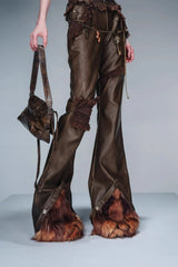 Raw Edge Layered Leather Pants with Detachable Fur Accents-Brown