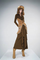 Denim-Accent Long Flow Gown with Wrap Details - Brown