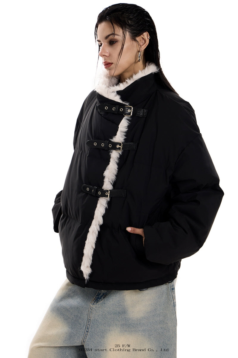 Strap-Detail Fur Collar Cotton Jacket