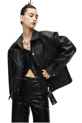 Rivet Shoulder Pad Black Leather Jacket