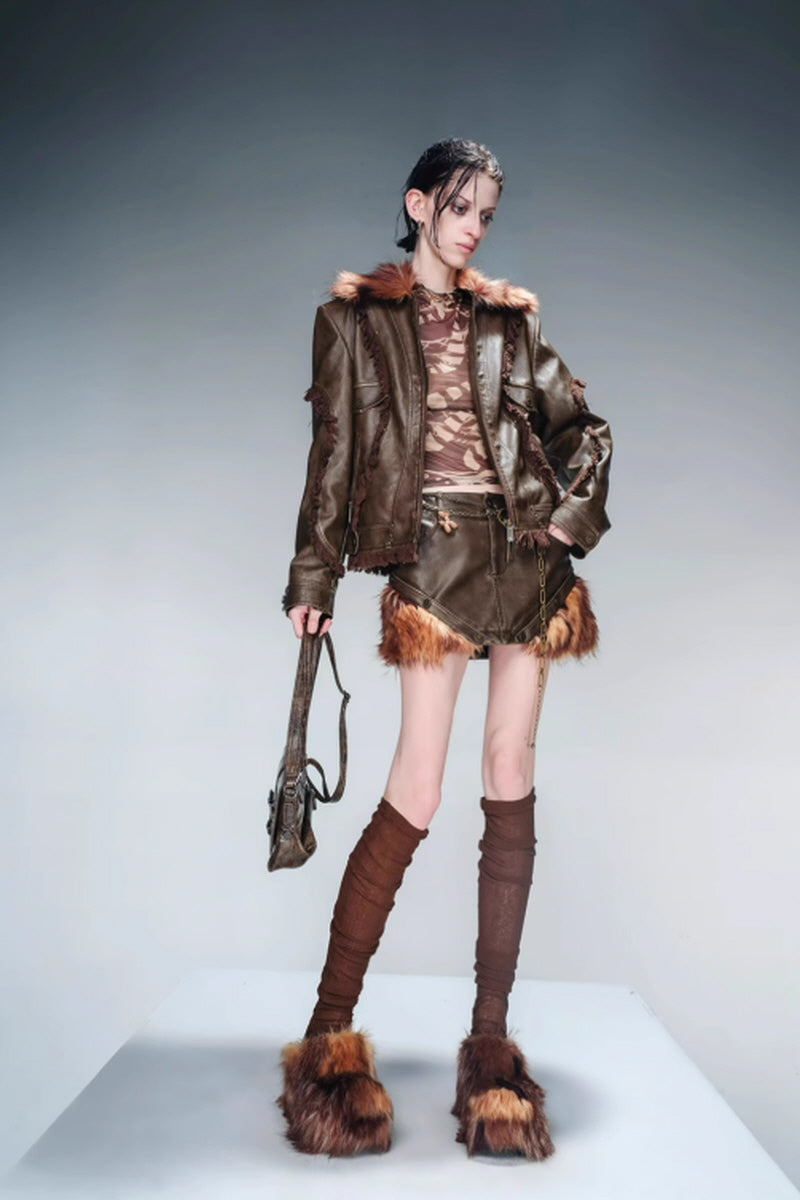 Boundary Shift Fur-Trimmed Leather Skirt-Brown