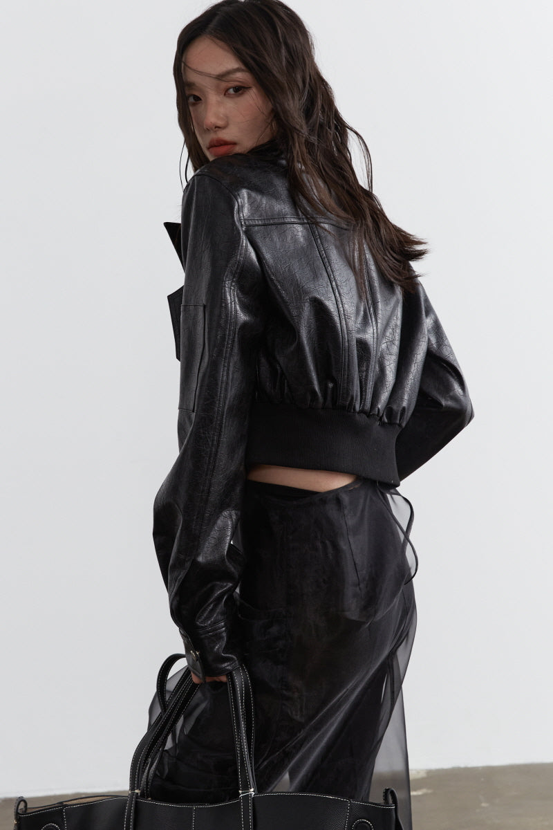 Noir Edge: High-Waist Cut-Out Leather Biker Jacket