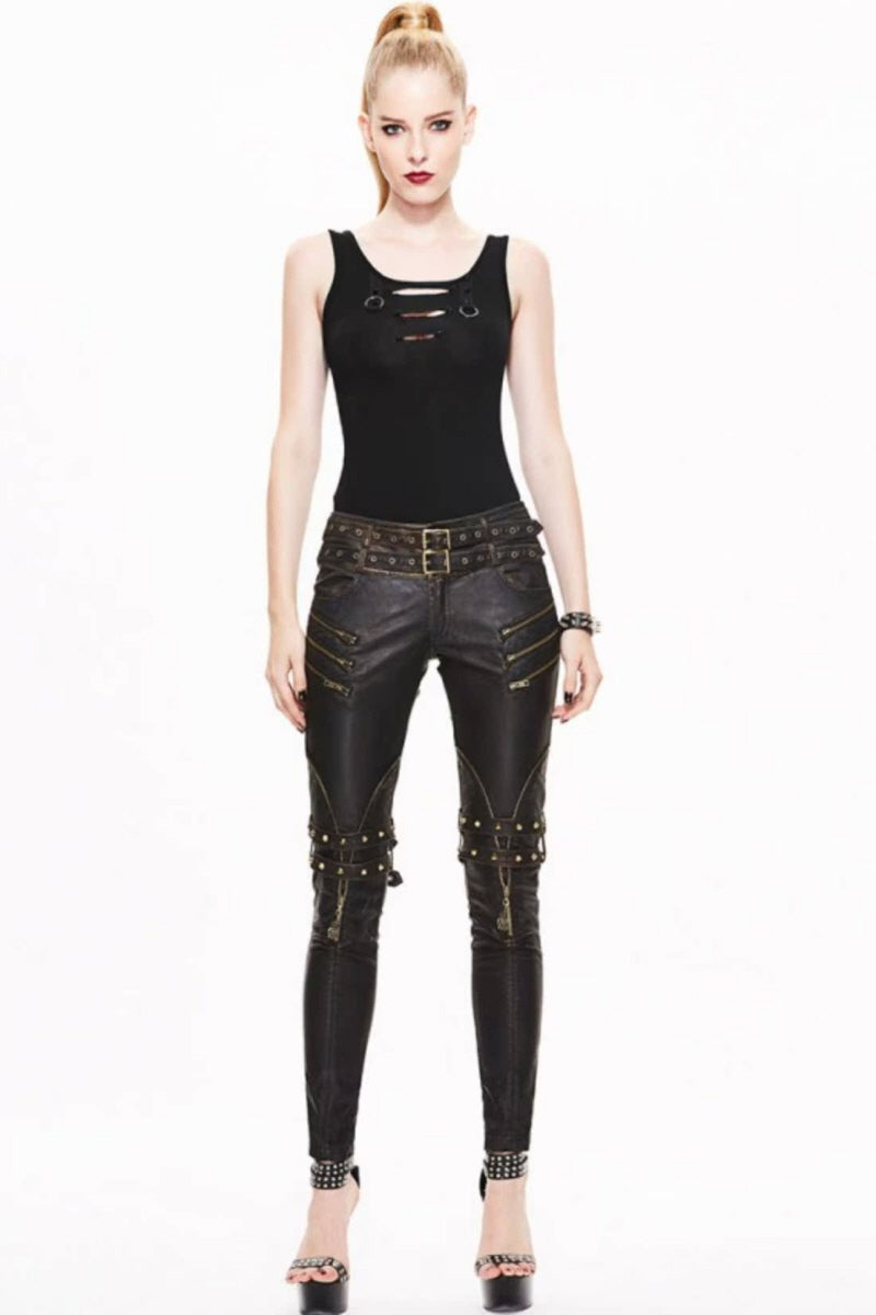 Rivet Strap Embellished Leather Pants  Rock Fashion Statement