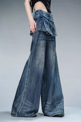 Pleated Overlayer Denim Wide-Leg Pants-Blue