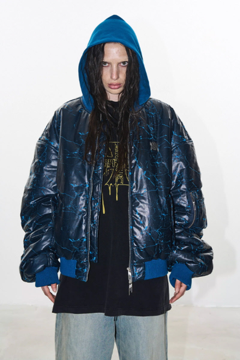 Shattered Blue Statement Hooded Bomber Jacket-Blue