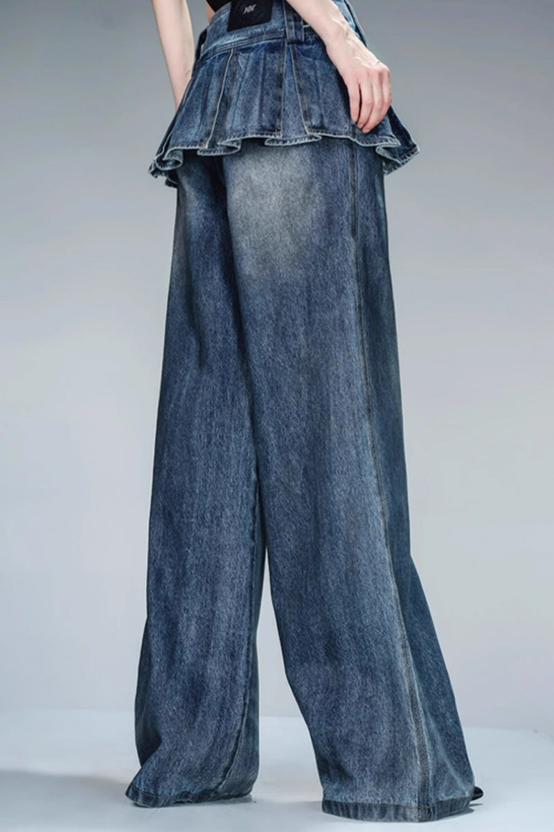 Pleated Overlayer Denim Wide-Leg Pants-Blue