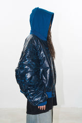 Shattered Blue Statement Hooded Bomber Jacket-Blue