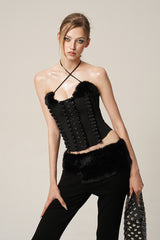 Velvet Edge Corset & Fur-Trim Flare Pants Set