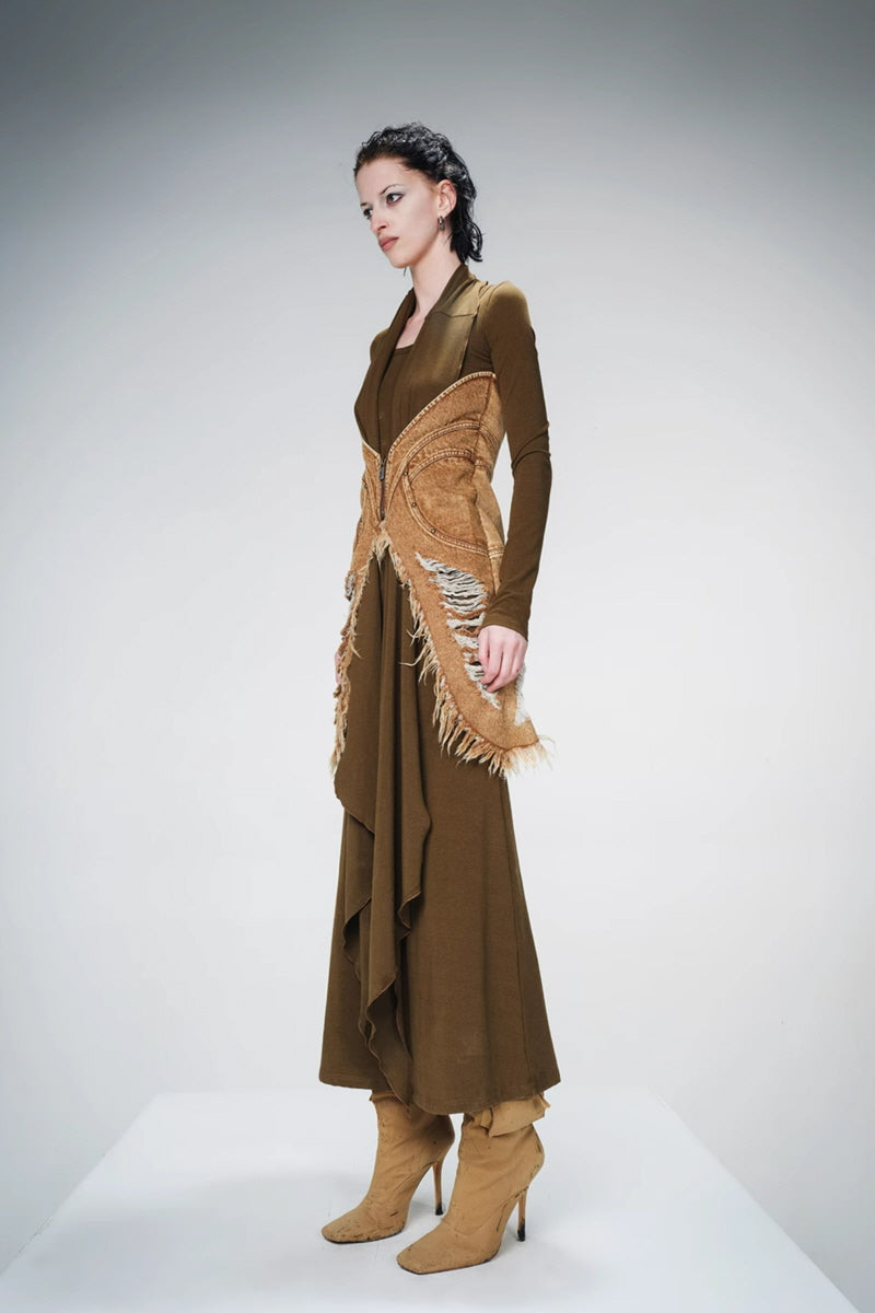 Denim-Accent Long Flow Gown with Wrap Details - Brown