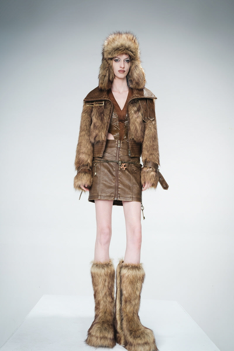 Textured Realm Leather & Fur Jacket-Brown