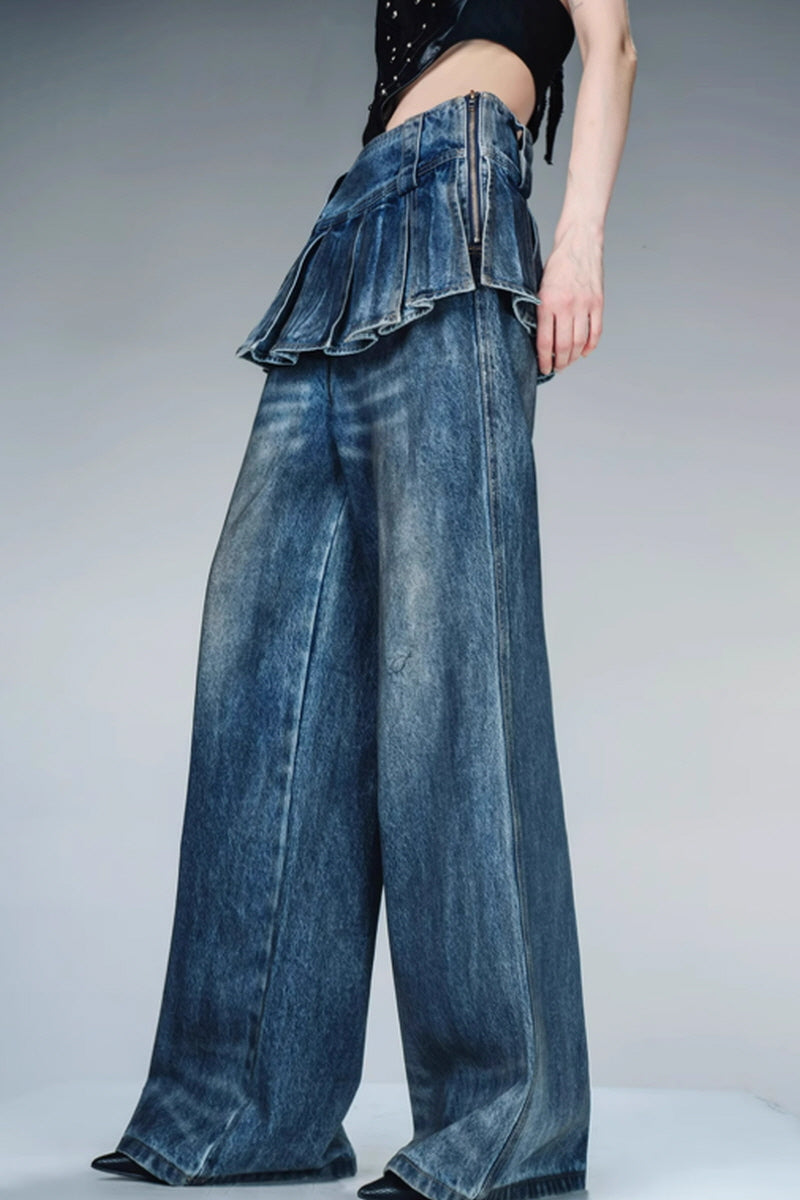 Pleated Overlayer Denim Wide-Leg Pants-Blue