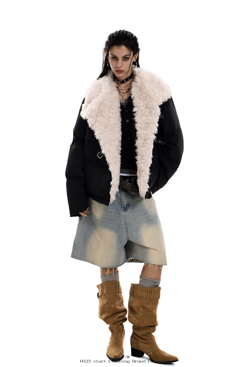 Strap-Detail Fur Collar Cotton Jacket