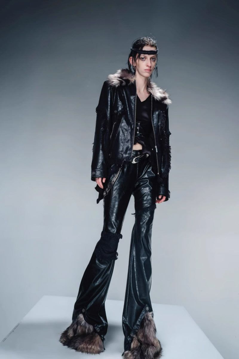 Raw Edge Layered Leather Pants with Detachable Fur Accents-Black