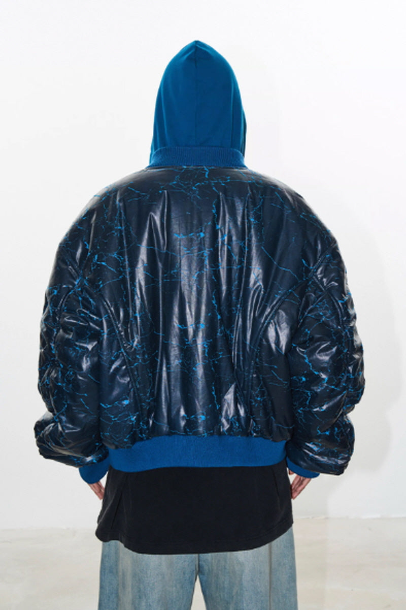 Shattered Blue Statement Hooded Bomber Jacket-Blue